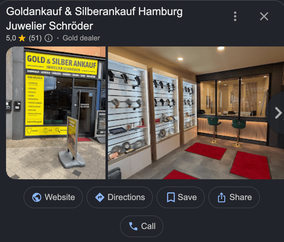 Google-Profil Goldankauf & Silberankauf Hamburg, Juwelier Schröder: 5,0 Sterne bei 51 Bewertungen